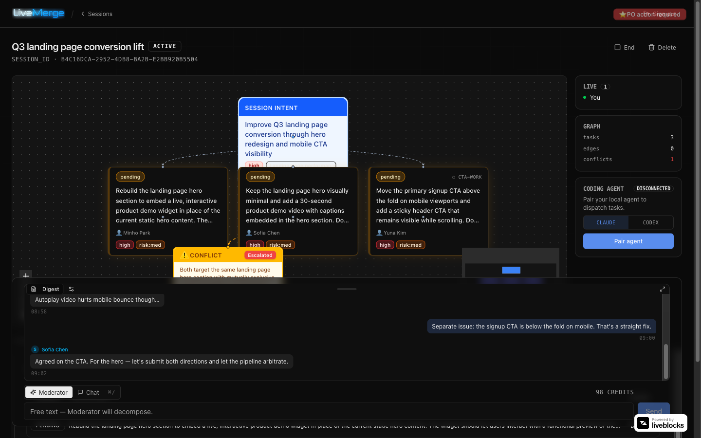 Live task graph with three tasks and one detected conflict