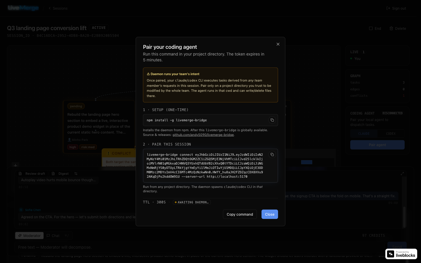 Pairing a local coding agent with a signed one-time token